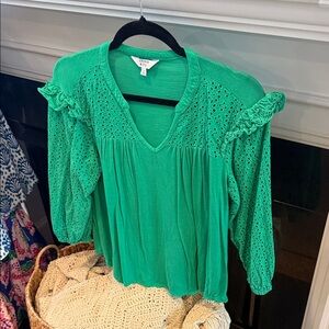 crown & ivy Emerald Eyelet Ruffle V-Neck Blouse